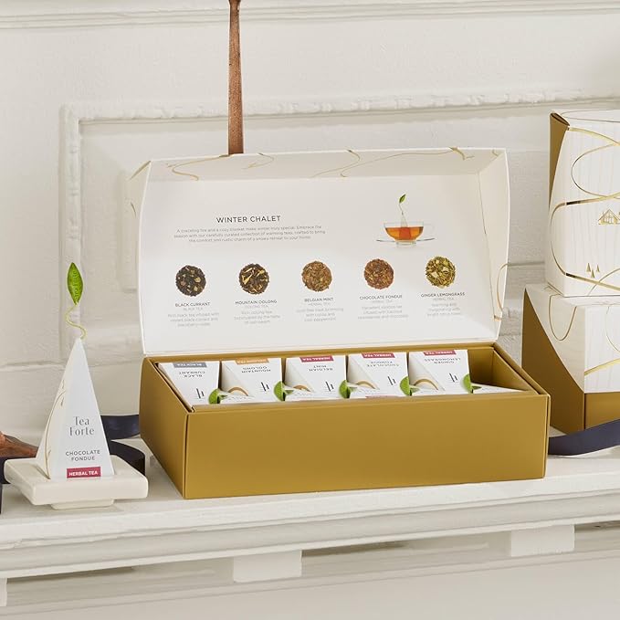 Tea Forte Premium Petite Presentation Box Gift Set Sampler, 10 Count, 2 of Each Blend Individually Wrapped Handcrafted Pyramid Infuser Bags, Winter Chalet
