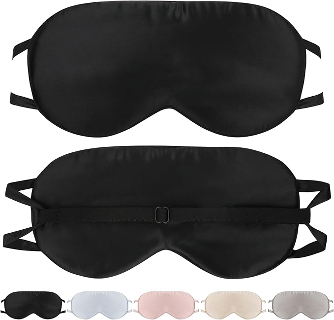 Adjustable Silk Sleeping Mask for Travel/Plane/Side Sleeper Pure Mulberry Silk Eye Mask for Sleep/Men/Women/Adults Thin Cooling Eye Cover,Black - Bloomnest