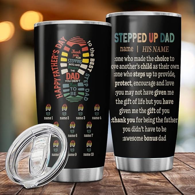 Custom The Best Step Dad Thanks For Stepping In Bonus Dad Personalized Tumbler Cup Father's Day Gift, Gift For Step Dad, Dad, Father, Papa 20oz Insulated Coffee/Tea Tumbler with Lid - Bloomnest