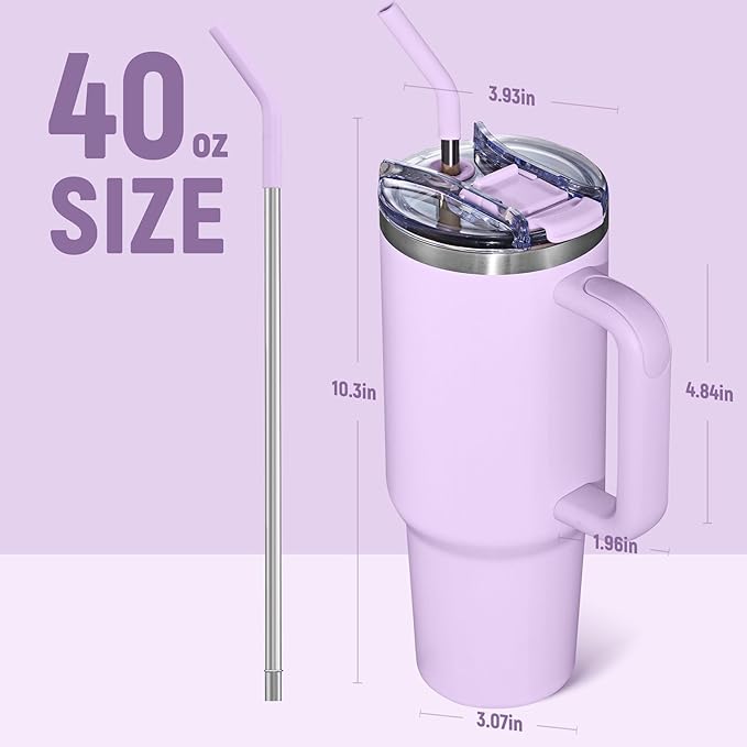 COKTIK 40 oz Tumbler With Handle and Straw Lid, Vacuum Insulated Travel Coffee Mug Stainless Steel Insulated Cup for Beverages, Leak-proof, Cupholder Friendly (Lavender) - Bloomnest