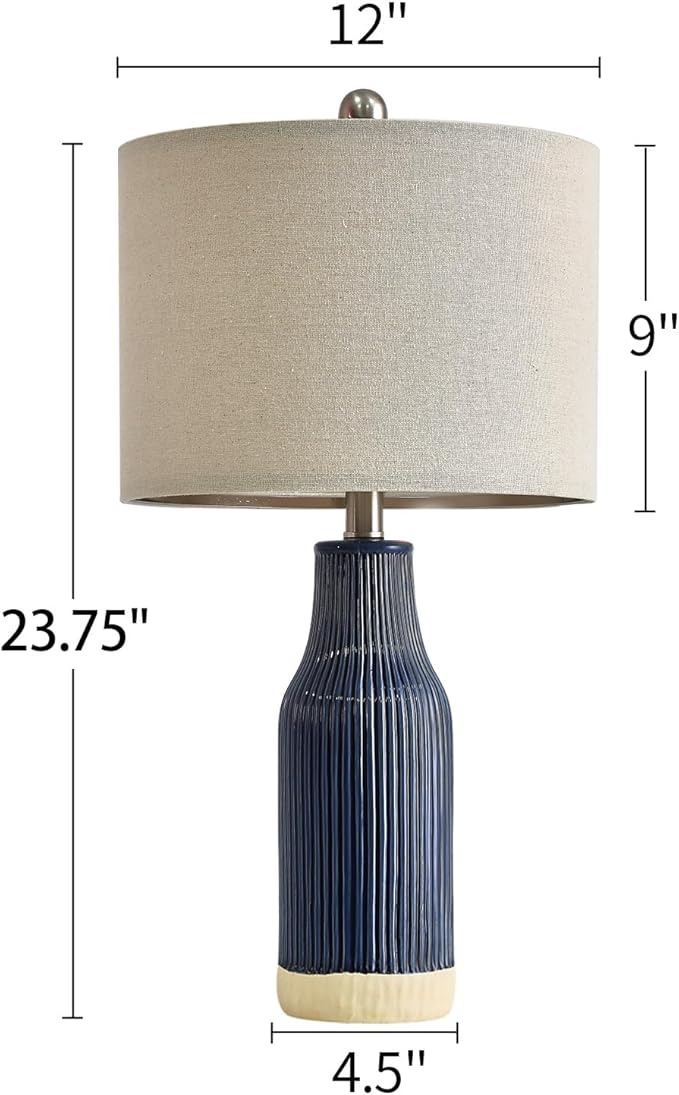 23.75" Modern Blue Ceramic Table Lamp Set of 2 for Living Room, Farmhouse Bedside Nightstand Lamp for Bedroom Home Office Dorm - Bloomnest