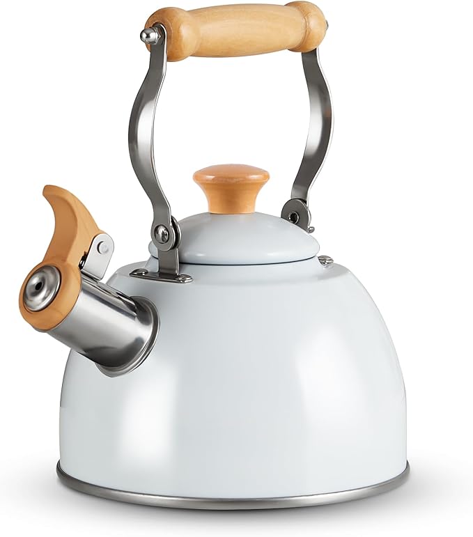 ROCKURWOK Tea Kettle, Tea Pot with Cool Touch Ergonomic Handle, Teapot Food Grade Stainless Steel, Tea Kettle Stovetop, Kettle Teapot, Whistling Tea Kettle, Small Tea Pot, 1.6 Quart (White) - Bloomnest