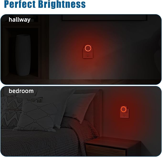 Red Night Lights Plug into Wall, 4 Packs Dimmable Night Light with Dust to Dawn Sensor, Automatically Turn on and Off, Gentle Glow Nightlight for Bathroom,Bedroom,Stairs,Kitchen,Hallway, Red - Bloomnest