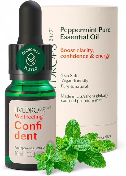 LIVEDROPS 24/7 Confident Peppermint Essential Oil, Natural Vegan Aromatherapy for Diffuser or Diluted Skin Use, Cooling Mint Scent, Steam Distilled Made in USA, Clinically Tested, 10ml - Bloomnest