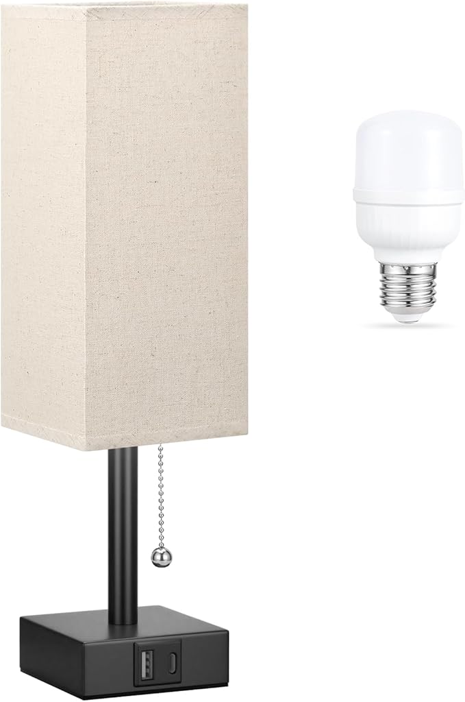 Small Linen Bedroom Lamp - 3 Color Temperature 3000K 5000K 4000K Bedside Lamp, Pull Chain Control, USB A and C Charging Ports, Black Base, for Kids Office Dorm, Bulb Included - Bloomnest