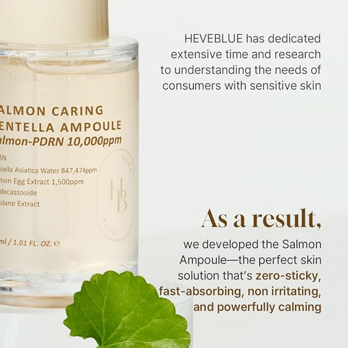 HEVEBLUE Salmon Caring Centella Ampoule - Salmon PDRN, Salmon Egg Extract, Centella, Madecassoside, Calming, Soothing, Restore and Rejuvenate, Sensitive Skin, Korean Skincare - Bloomnest