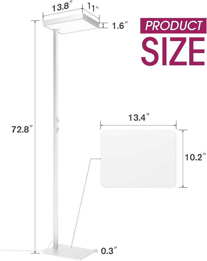 EMITEVER LED Floor Lamp, 60W Full-Spectrum Eye-Care Standing Light, 72.8” Dimmable Reading Lamp for Study Rooms, Living Rooms, Dental Offices and Conference Lighting, 4000K Natural Daylight, White - Bloomnest