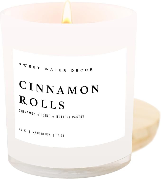 Sweet Water Decor Cinnamon Roll Candle - Cinnamon, Icing, Buttery Pastry Cinnamon Scented Candles for Fall - 11oz White Jar and Wood Lid, 50+ Hour Burn Time, Made in The USA - Bloomnest