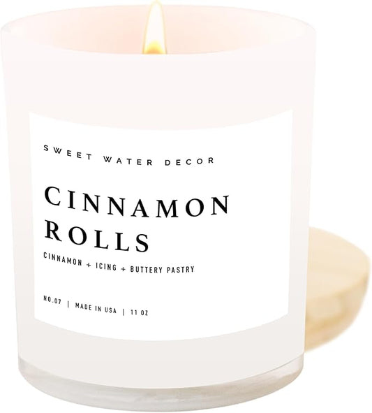 Sweet Water Decor Cinnamon Roll Candle - Cinnamon, Icing, Buttery Pastry Cinnamon Scented Candles for Fall - 11oz White Jar and Wood Lid, 50+ Hour Burn Time, Made in The USA - Bloomnest