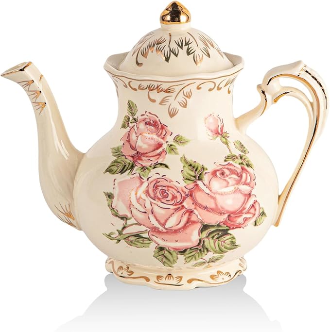 YOLIFE Small Pink Rose Teapot, 25oz/ 3 Cup Vintage Ivory Ceramic Tea Pot, Floral Teapot with Gold Trim, Gifts for Women - Bloomnest