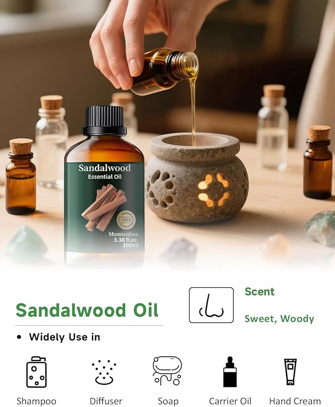Pure Sandalwood Essential Oil, Mumianhua Natural Sandalwood Oil for Diffuser Aromatherapy, Skin, Hair, Massage, Candle, Soap Making, Evening Meditation, Calm Connection, Woody Grounding 3.38 Fl Oz - Bloomnest