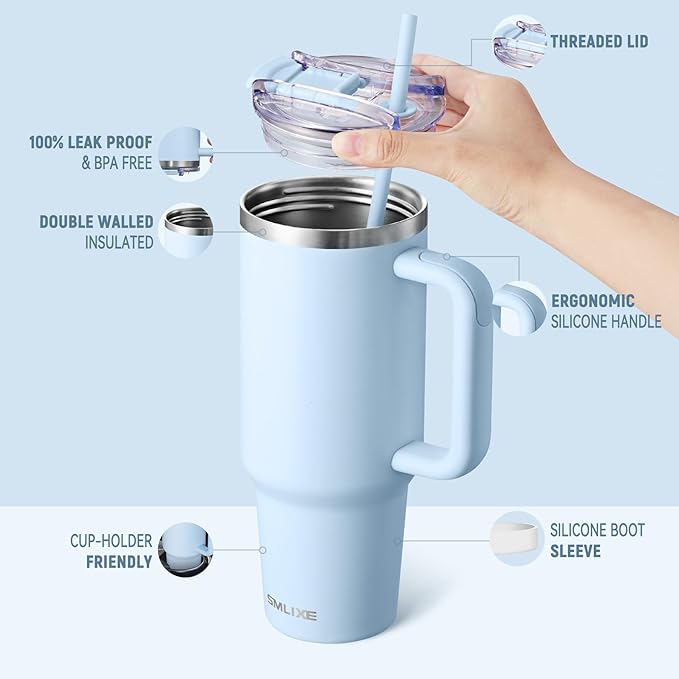 40 oz Tumbler with Handle and Straw Lid,Insulated Reusable Stainless Steel Water Bottle Travel Mug，Cupholder Friendly Double Wall Vacuum Sealed Cup (Sky Blue) - Bloomnest