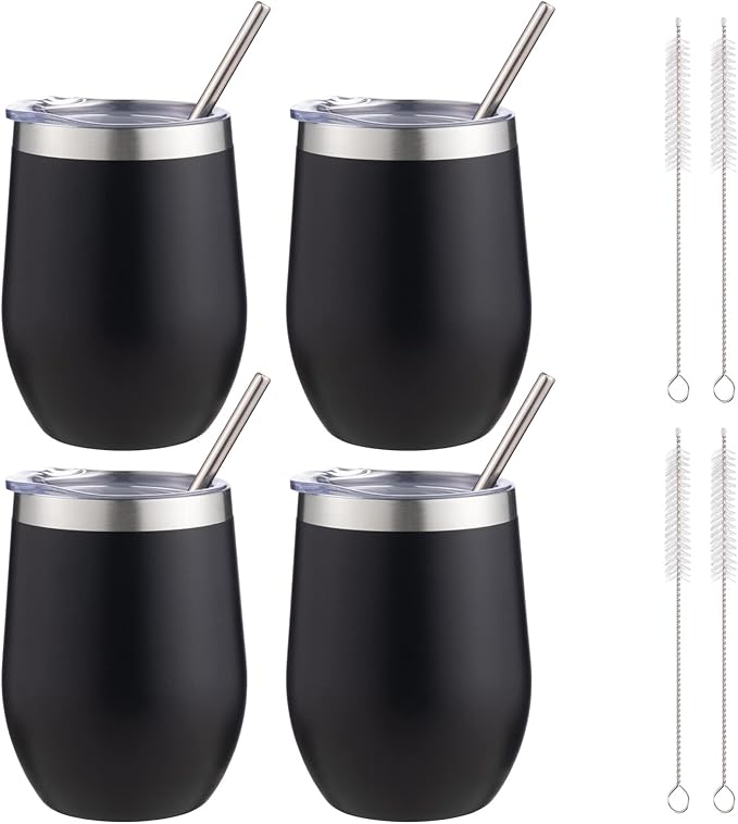 12 oz Insulated Wine Tumbler with Lid and Straw,Stainless Steel Stemless Wine Tumbler Glasses Double Wall Vacuum Wine Cups Tumbler Bulk for Coffee,Champaign,Cocktail,Office(Black,4) - Bloomnest