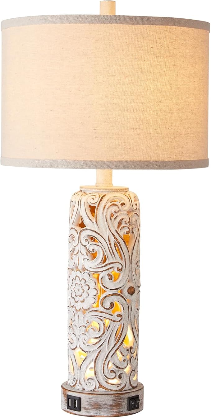RORIANO Rustic Farmhouse Table Lamps for Living Room Bedroom, Vintage Bedside Lamp with Dual USB Port, Antique White Resin Retro Nightstand Lamps with Night Light, Bulbs Include - Bloomnest
