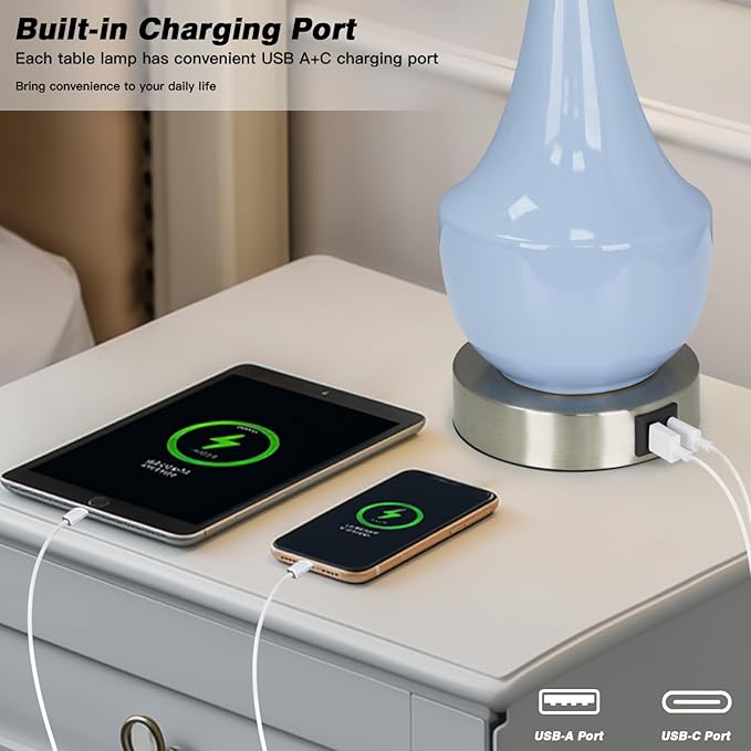 Modern Blue Table Lamp Set of 2, 24" Ceramic Table Lamp with USB A+C Ports,Classic Beside Lamps Nightstand Lamp Modern Lamp for Living Room, Bedroom & Office -LED Bulbs Included - Bloomnest