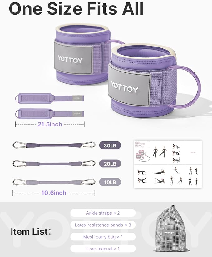YOTTOY Ankle Resistance Bands with Cuffs, Adjustable Ankle Straps for Leg & Glute Workout, Butt Exercise Bands for Cable Machines Women, Perfect for Hip Fitness & Booty Training