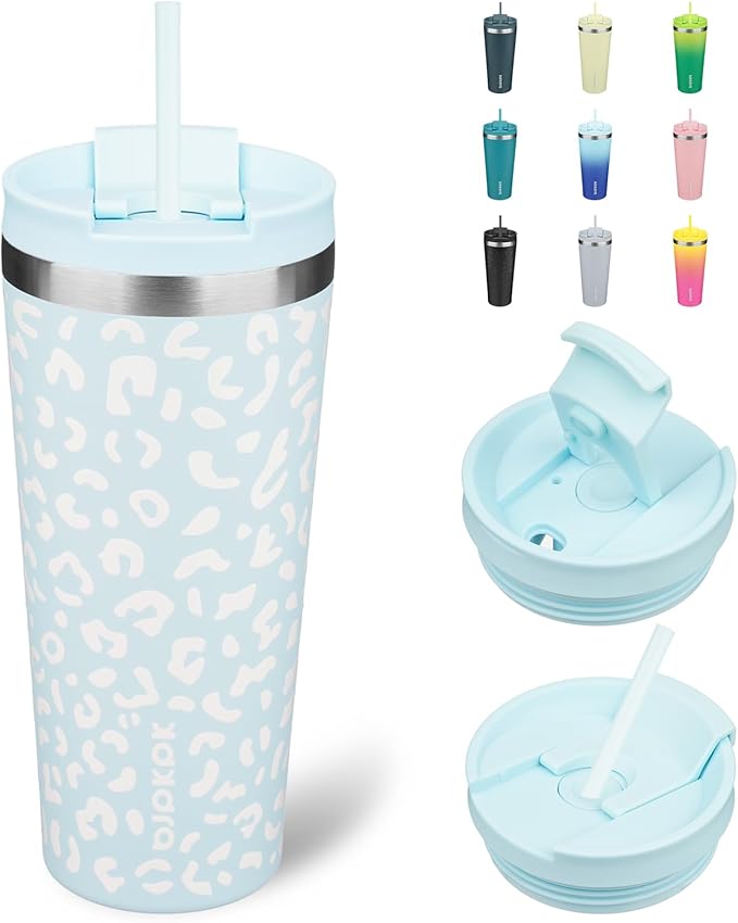 BJPKPK 22oz Tumbler With lid And Straw Stainless Steel Travel Coffee Mug Insulated Tumblers Cups,Light Blue Leopard - Bloomnest