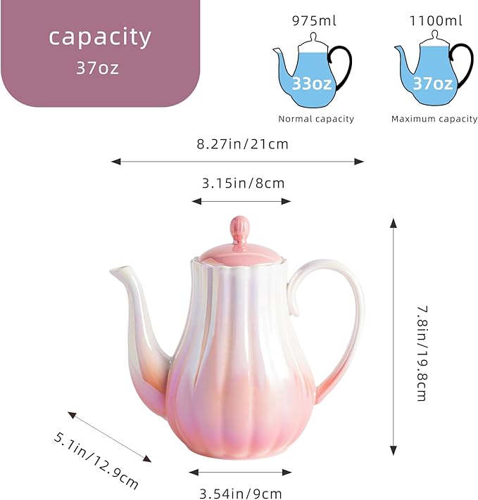 Tea Pot, Porcelain Teapot 37oz,tea pots for tea party,Tea Sets(Gradient pink)