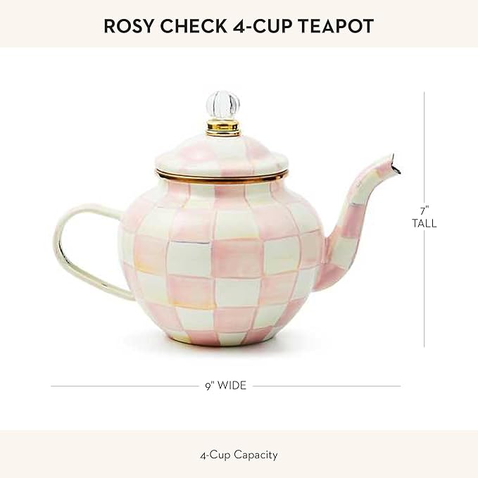 MACKENZIE-CHILDS Enamel Teapot, Cute Small Teapot with Lid, 4-Cup Capacity, Pink-and-White Rosy Check - Bloomnest