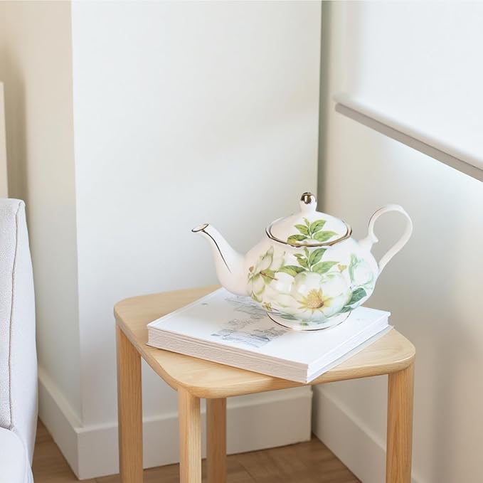 22oz Floral Ceramic Teapot – Vintage Gold Rim Porcelain Tea Pot for Loose Leaf, Blooming Tea & Coffee, Elegant Decorative Teapot for Tea Party, Flower Design (White Camellia) - Bloomnest