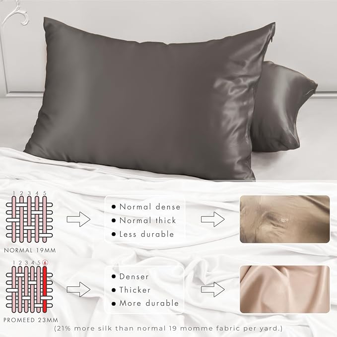 PROMEED Grey Silk Pillowcase Standard Size - Both Sides 23 Momme Grade 6A+Mulberry Silk Pillow Case Covers for Hair and Skin, Soft and Acne Free (Standard 20"x26", Grey) - Bloomnest