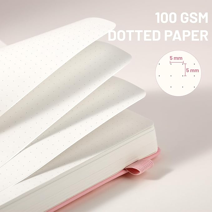 CAGIE Bullet Dotted Journal Notebook 320 Pages 100 GSM Paper Hardcover A5 Dot Grid Notebook Leather Journals for Writing Women Men Work Journaling, Pink - Bloomnest