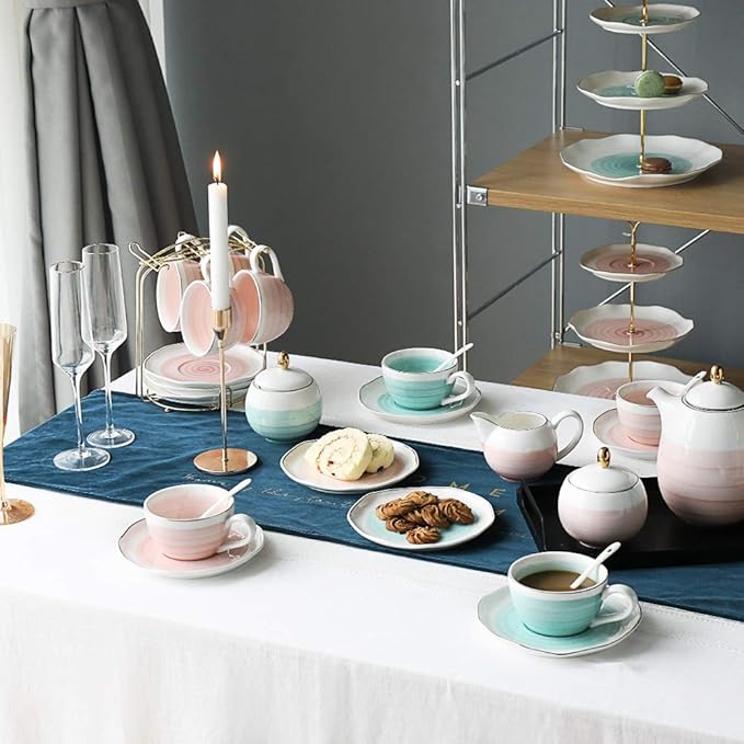 Sweejar Porcelain Tea Set, 8 OZ Capacity, Modern Style, Blue Color, Nature Pattern, 16 Piece Tea Service for 4, Includes Teapot, Sugar Bowl, Cream Pitcher, Teaspoons and Tea Strainer - Bloomnest