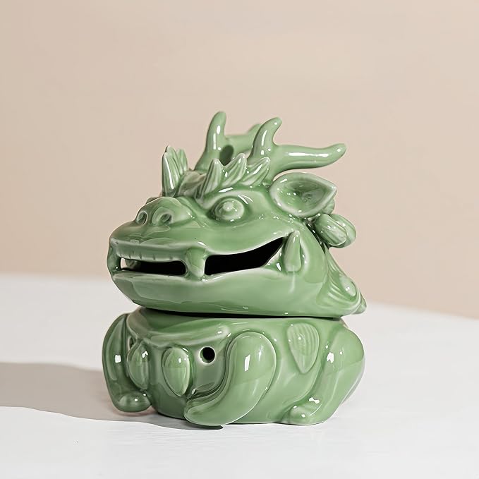 Mini Ceramic Incense Burner - Chinese Classic Plum Green Celadon Glaze, Fragrance Cone & Stick Holder Palo Santo/Sage/Herb Burner for Meditation, Yoga, Desk Decor, Zen Relaxation Gift (Dragon-A) - Bloomnest