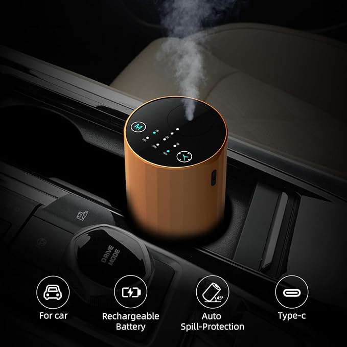 Waterless Essential Oil Diffuser Aromatherapy Scent Diffusers for Home Large Room, Bedroom, Car, Office, Desk, Battery Operated Mini Portable Air Freshener (Golden) - Bloomnest