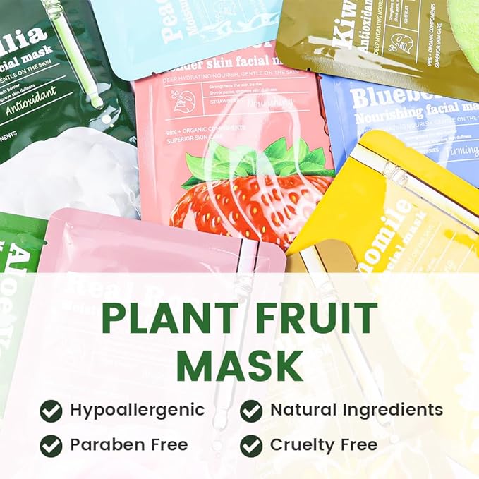 Face Sheet Mask Skincare,Hydrating Spa Face Mask For Sensitive Skin,Moisturize,Nourish for All Skin Types,Natural Skin Care Spa Face Mask for Women Men,Pack of 12 - Bloomnest