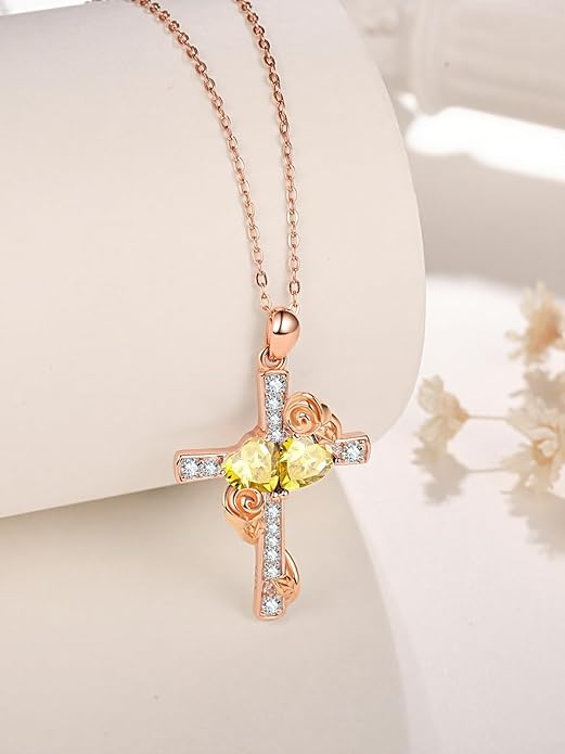 Rose Gold Dual Birthstones Cross Necklace for Women Rose Flower Jewelry Anniversary Christmas Mother's Valentine's Day Birthday Gift for Wife Girlfriend Mom - Bloomnest