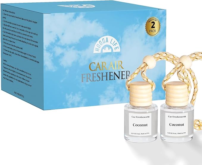 HoogaLife Car Air Freshener Diffuser 2 Pack Hanging Air Freshener Diffuser - Coconut Fragrance Oil Air D iffuser for Car, 45+ Days Long Lasting Fragrance Made in USA (C16) - Bloomnest