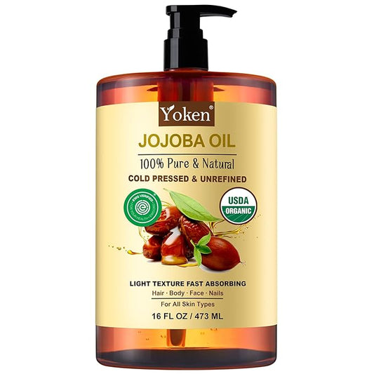 Pure Jojoba Oil Organic USDA Certified 16 fl oz, 100% Natural Jojoba Oil for Hair, Skin & Face, Cold Pressed Unrefined, Deeply Moisturizing Body Carrier Oils for Essential Oils Mixing - Bloomnest