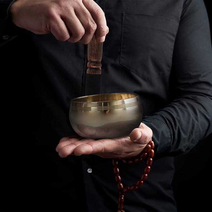 REGIS Tibetan Singing Bowl Set ， Mindfulness, and Stress Relief zen decor，Bowl Handcrafted in Nepal for Healing and Mindfulness (gold, 4 inch) REGIS