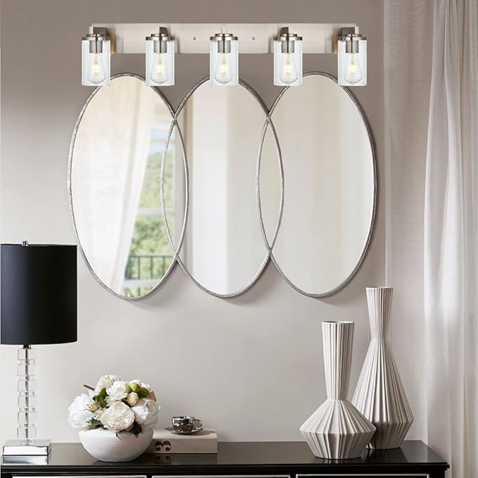 BONLICHT Brushed Nickel Bathroom Light Fixtures 5 Light Modern Vanity Lights Industrial Glass Wall Sconce Farmhouse Bath Lighting Over Mirror Wall Mount for Kitchen Living Room Hallway Workshop - Bloomnest