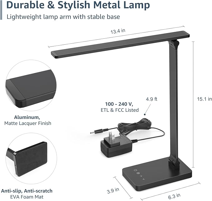 Lepro LED Desk Lamp for Home Office, 9.5W 750LM Metal Touch Control Desk Light, 5 Color Modes 5 Brightness Level, Eye Caring Task Lamp For Reading, Sewing, Crafts, School Supplies, Puzzle Light, Black - Bloomnest