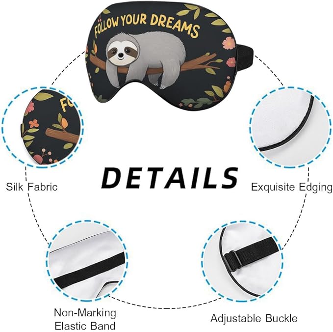 Sloth Sleep Eye Mask Follow Your Dreams Cute Animal Tree Branch Flower Silk Eye Mask Sleeping Soft Eye Shade Cover for Men Women Boy Girl Airplane Travel with Elastic Strap - Bloomnest