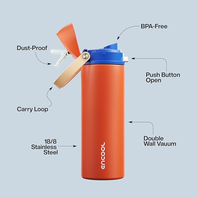 Insulated Water Bottle with Straw - Encool Stainless Steel Water Bottle with Push Button Lid, Leak-Proof & BPA-Free, Keeps Cold for 24 Hours for Sports, Travel, Gym (24 oz, Salmon) ENCOOL