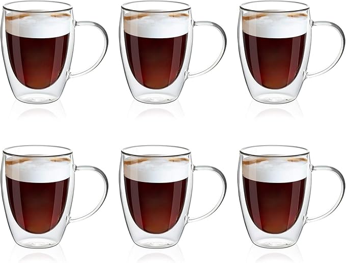 MEWAY 12oz/6 pack Coffee Mugs,Clear Glass Double Wall Cup with handle for Coffee, Tea, Latte, Cappuccino (12 oz，6) - Bloomnest