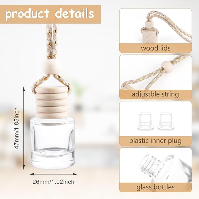 50 Pcs Car Essential Oil Hanging Bottle Empty Car Air Freshener Diffuser Bottle Perfume Glass Bottle Pendant Aromatherapy Fragrance Bottle Auto Car Interior Ornaments Decor (Round shape) - Bloomnest