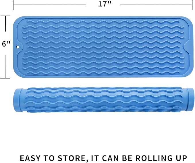 Silicone Dish Drying Mat for Multiple Usage,Easy clean,Eco-friendly,Heat-resistant Silicone Mat for Kitchen Counter,Sink,Bar,Bottle,or Cup Lichen Blue M 17 inches x 6 inches - Bloomnest