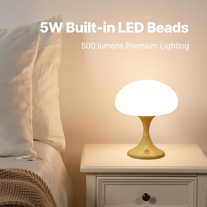 Mushroom Lamp, 5W LED Cordless Rechargeable Table Lamp with Glass Shade, Small Retro Dimmable Touch Light with 3 Color Temps, Aesthetic Mid Century Bedside Light for Bedroom Ambient, Mustard - Bloomnest