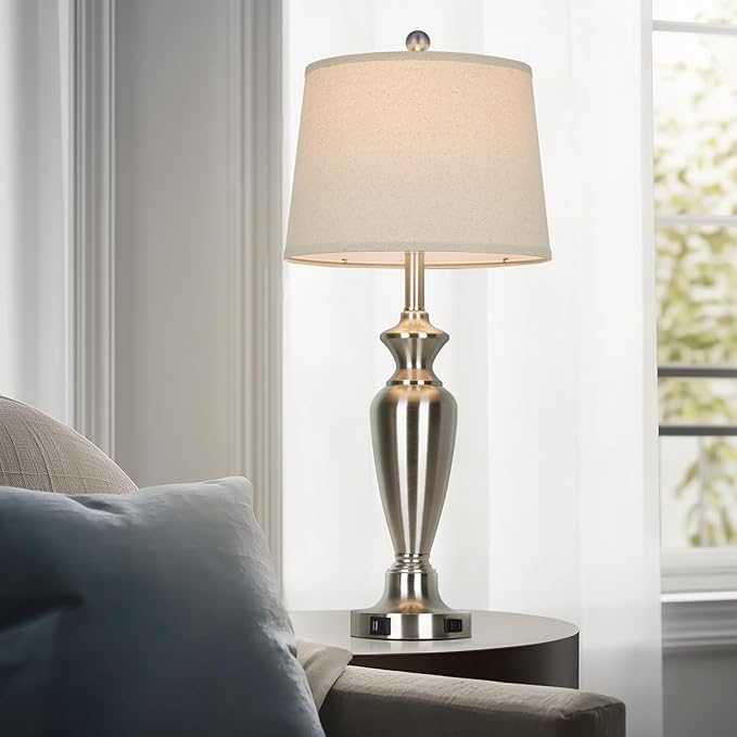 30" Tall Silver Table Lamps Set of 2 for Living Room, 3-Way Dimmable Touch Control Bedside Lamps for Bedroom Nightstand with USB A+C Ports & AC Outlet (2 LED Bulbs Included) - Bloomnest