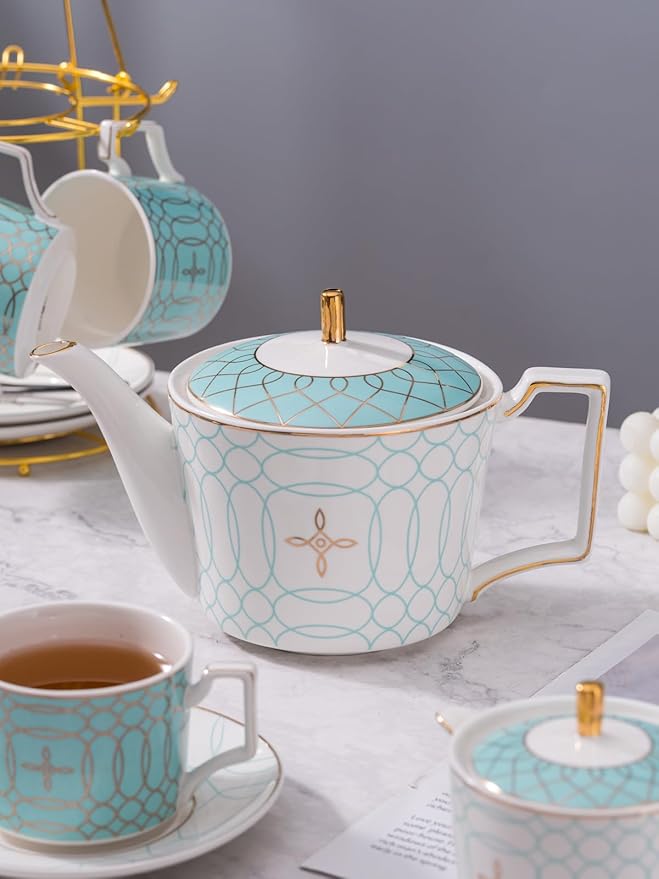 Jusalpha Fine China Blue Coffee Cup/Teacup Set, 8 OZ Cups& Saucer Service for 4, with Teapot-Sugar Bowl-Cream Pitcher Teaspoons and tea strainer for Tea/Coffee, 17-Pieces (Blue) - Bloomnest