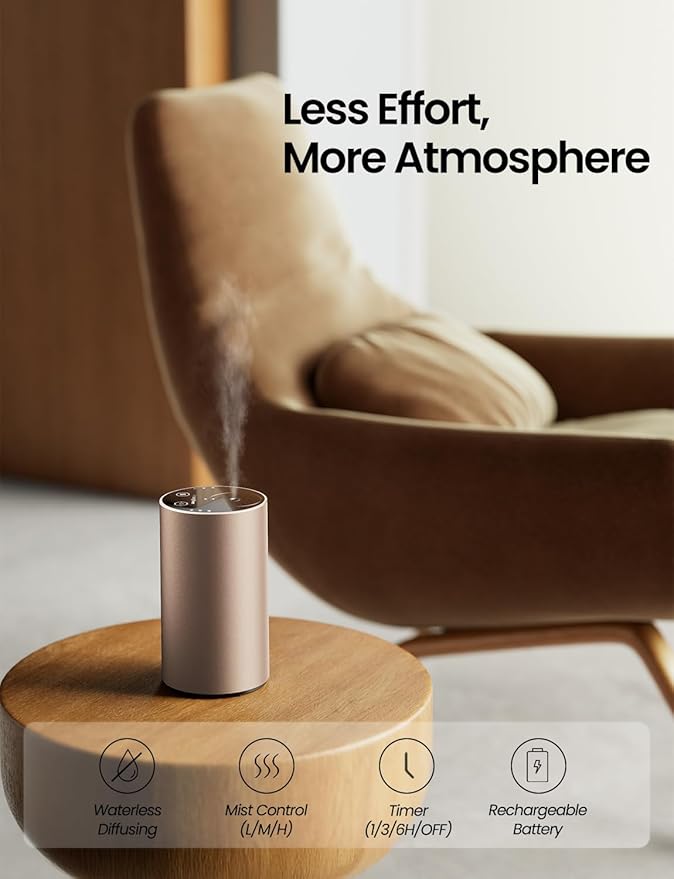Waterless Essential Oil Diffuser, Rechargeable Scent Diffusers with 3 Mist Levels & Timers, Portable Aromatherapy Diffuser for Home Car Room Studio Office, Desert Titanium - Bloomnest