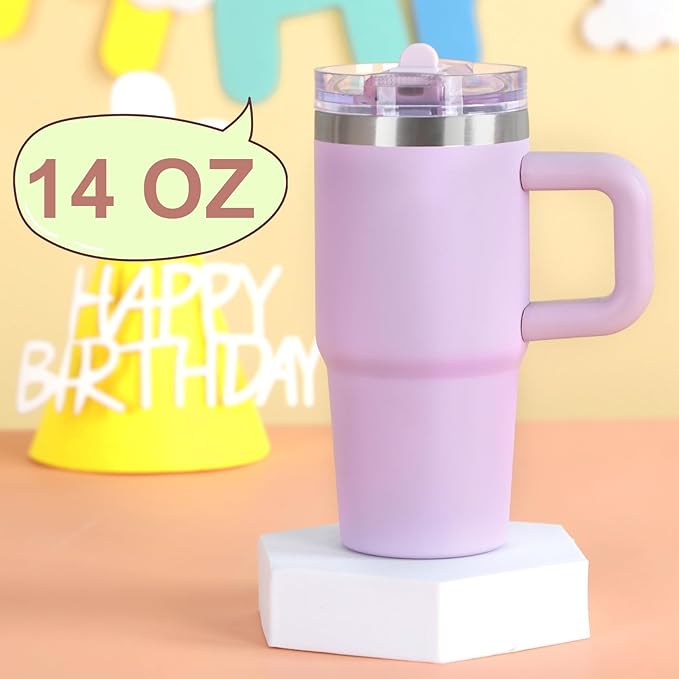 Cosictic 14 Oz Flip Straw Tumbler with Handle for Kids, Stainless Steel Double Wall Insulated Cup for Children with Flip Top Lid, 14 Oz Leak-proof Cups for Kids, Purple - Bloomnest