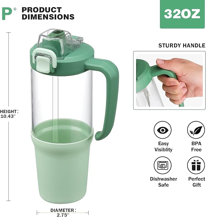 32 oz Glass Tumbler with Handle, 2-in-1 Straw and Sip Spout, Leakproof, BPA-Free Glass Water Bottle for Sports, Office, School, Light Green - Bloomnest