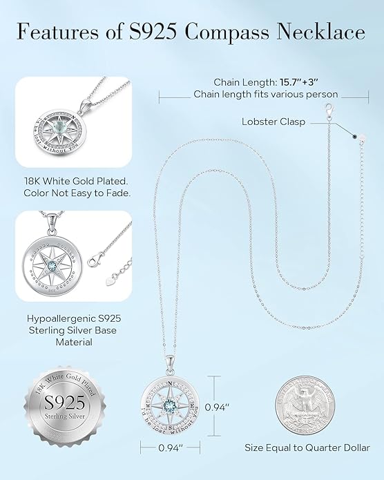 S925 Necklace Gift for Wife |Compass Jewelry |Women Anniversary |Sterling Silver |Girlfriend Birthday Gifts for Her Valentines |I'd be Lost without You |Jewel 18K Gold - Bloomnest
