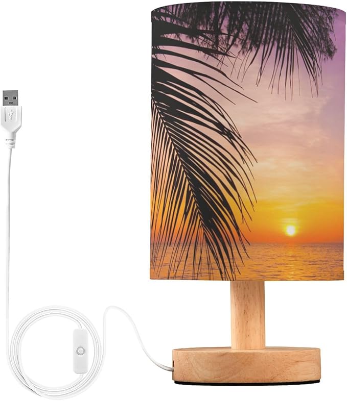 Table Lamp Sunset Ocean Palm Tree Tropical Summer Nightstand Lamp with Wood Base Fabric Lamp Shade Bedside Desk Lamp for Living Room Bedroom Kids Room Office - Bloomnest