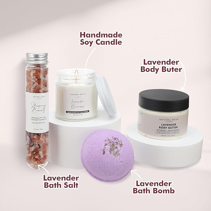 Natural Amor Lavender Spa Gift Set – 6 pcs Handmade Self-Care Kit with Body Butter, Bath Salt, Clay Mask, Candle, Jade Roller & Bear Headband – Relaxation Gift for Women - Bloomnest